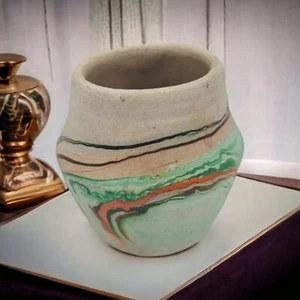 Nemadji Pottery Vase Ton grün braun Keramik Vintage mini klein winzig - Bild 1 von 9