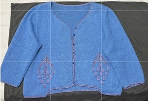 Vintage Blue Women's Handmade wool Sweater with violett embroderies - Picture 1 of 15