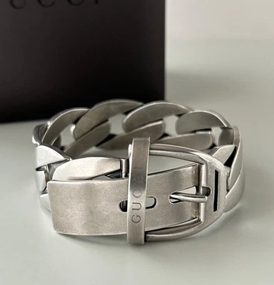 GUCCI 1990's Italy Modernist Chained Buckle Bracelet In Brushed .925 Sterling - Image 1 of 4