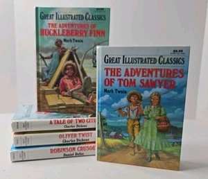 Great Illustrated Classics Lot Of 5 Tom Sawyer Oliver Twist Huckleberry Finn - Picture 1 of 3