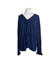VTG Lauren Ralph Lauren Womens Blouse 1X Navy Blue Ruffle Front Long Sleeve Top - Picture 1 of 8