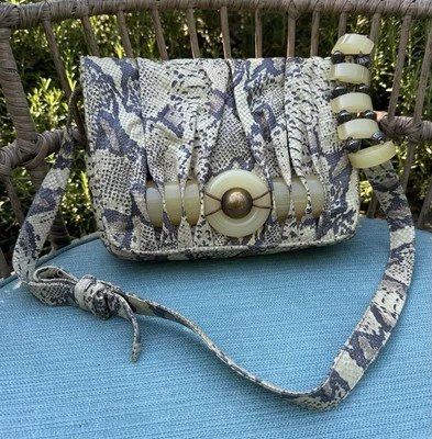 Vintage 1980s Sharif Snakeskin Pattern Leather Shoulder Bag Taupe Beige Black - Image 1 of 4