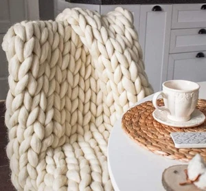 Coperta a maglia grossa fatta a mano lana merino lancio boho camera da letto divano arredo casa... - Foto 1 di 7