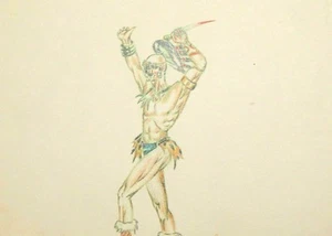 Vintage pencil painting thatre costume design portrait tribal man - Picture 1 of 9