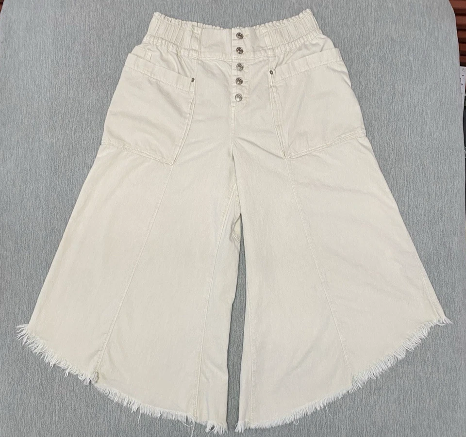 Free People Pants Womens Large Wide Leg Baggy Crop Pull On Jean Sun Setter Beige - Image 1 of 4