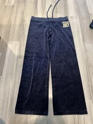 Juicy Couture Y2K Women Large Navy Blue Velour Sweat Track Pants Glitter Logo - Image 1 of 4