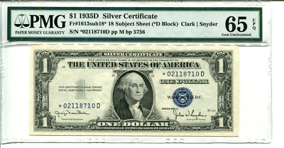 FR 1613* STAR *D BLOCK 1935D $1 Star Silver Certificate PMG 65 EPQ GEM UNC - Image 1 of 2
