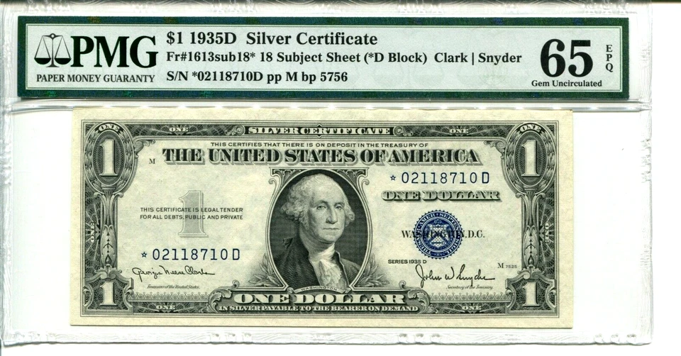 FR 1613* STAR *D BLOCK 1935D $1 Star Silver Certificate PMG 65 EPQ GEM UNC - Image 1 of 2