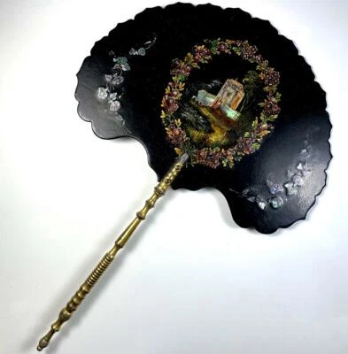 Antigua pantalla facial inglesa de papel maché, década de 1840, victoriana, madreperla Foto 1 de 4