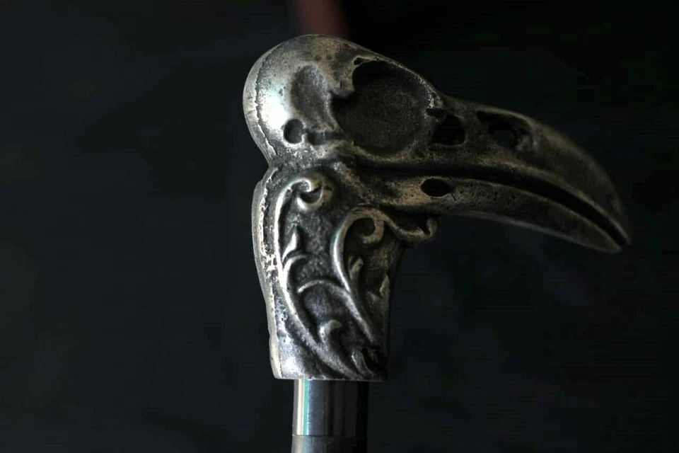 Antiguo Acabado Cuervo Calavera Bastón Mango Mejor Vestido Elegante Prop Foto 1 de 4
