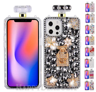 For iPhone 15 13 14 16 Pro Max Perfume Bottle Cover Case w/ Gem Rhinestone Strap - Image 1 of 4