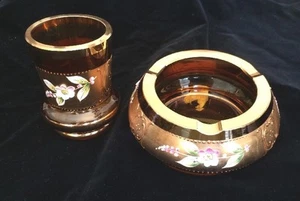 VTG Rare GOLD HAND PAINTED Glass cigarette holder and ashtray - Picture 1 of 6