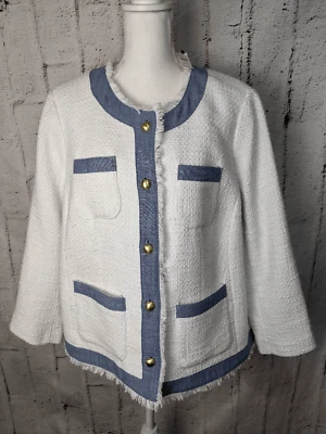 Talbots NWT Tweed Texture White Blazer w Denim Trim Fringe Edge Sz 14 New - Image 1 of 4
