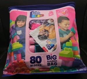 Mega Bloks Fisher-Price Toy Blocks Pink Big Building Bag With Storage -80 Pieces - Picture 1 of 4