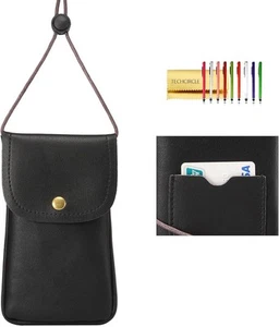 Cell Phone Neck Pouch PU Leather Carrying Bag with Credit Card 01 Black - Picture 1 of 7