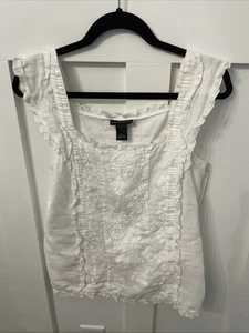 Madison Studio Ärmellose Leinenbluse - Größe 12 - Weiß - Stickerei / Rüschen - Reißverschluss - Bild 1 von 8