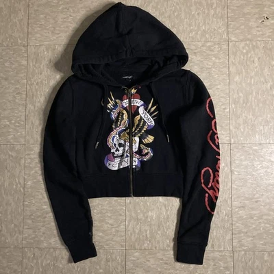 Sudadera Ed Hardy Y2K Negra Sudadera con Capucha Ciudad de Nueva York Recortada Calavera Talla XS Foto 1 de 4
