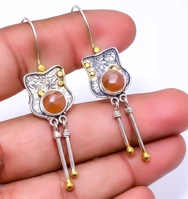 Honey Rhodochrosite - Argentina 925 Sterling Silver Two Tone Earring 2.34" E13 - Image 1 of 4