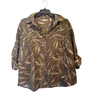 Kate Hill 100% Linen Earthy Floral Button Down Blouse, 3X, Lagenlook - Picture 1 of 5