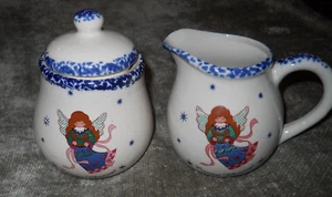 Vintage/ Angel /Country Blessings / Christmas Sugar & Creamer / Blue Spongeware. - Picture 1 of 3