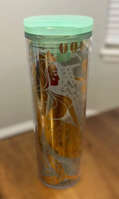 Vaso sirena Starbucks con tapa 16 oz acrílico transparente dorado verde azulado menta Foto 1 de 4