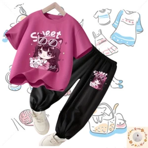Mädchen Kinder Rose Rosa Kurzarm T-Shirt und Schwarze Moskito Hose Set - Bild 1 von 4