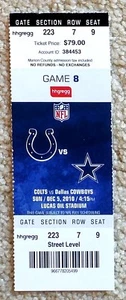 BIGLIETTO INDIANAPOLIS COLTS STUB v DALLAS COWBOYS 2010 - MANNING ULTIMA STAGIONE COME NUOVO - Foto 1 di 1