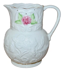 Belleek Pitcher ~ Embossed Rose & Gold Trim 2005 11th Anniversary Show 7.5” Tall - Picture 1 of 24