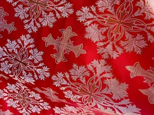 Red with Silver Cross - Faux Silk Brocade Jacquard Fabric - Picture 1 of 7