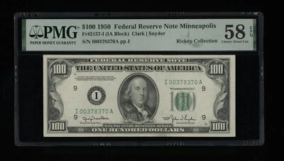 DBR 1950 $100 FRN Minneapolis Fr. 2157-I PMG 58 EPQ Serial I00378370A - Image 1 of 2