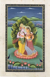 Pintura religiosa india de Radha Krishna enamorada escena arte en tela 7x11 pulgadas - Imagen 1 de 7