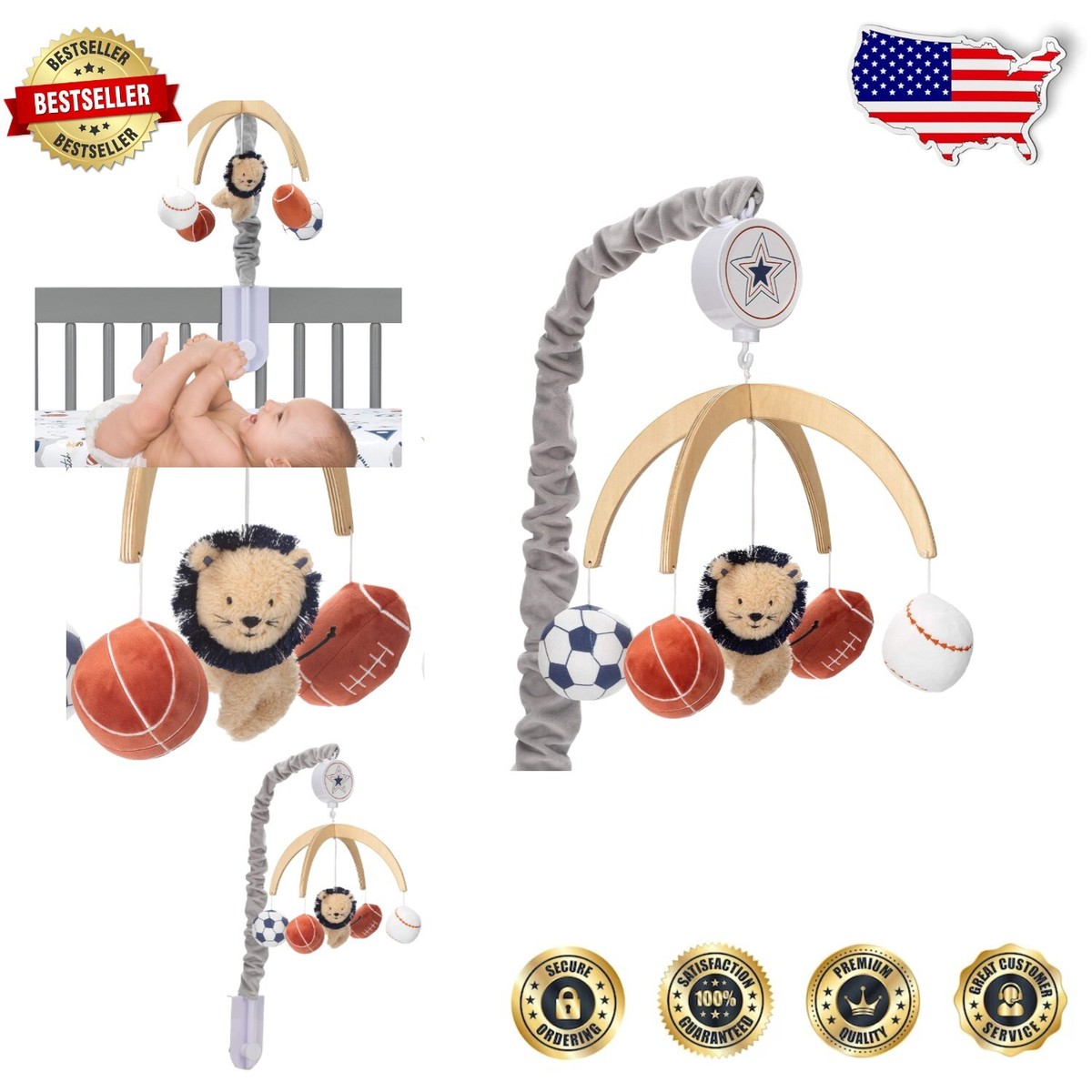 Lambs And Ivy Hall Of Fame Lion/Sports Balls Musical Baby Crib