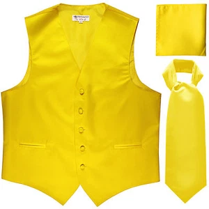 New Men's Solid Tuxedo Vest Waistcoat & Ascot Cravat Set Yellow Wedding - Picture 1 of 4