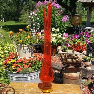 LE L.E Smith Amberina floor Vase Flame smoothie Swung Stretch Red Glass 26 3/4" - Picture 1 of 11