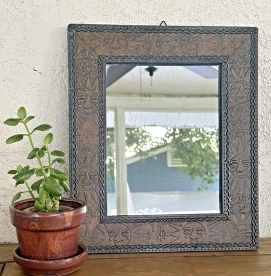 Vtg Embossed Tin Mirror Mexican Folk Art Celestial Sun Rustic Decor 12x10.5” - Image 1 of 4