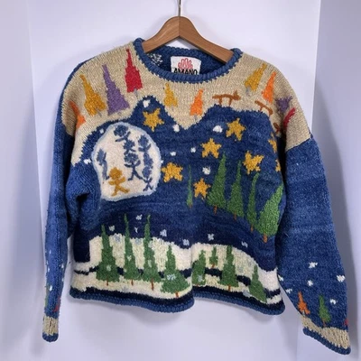 Suéter De Colección Amano Lana Boliviana Tejido a Mano Árboles de Navidad Estrellas Cielo Nocturno Aymara Foto 1 de 4