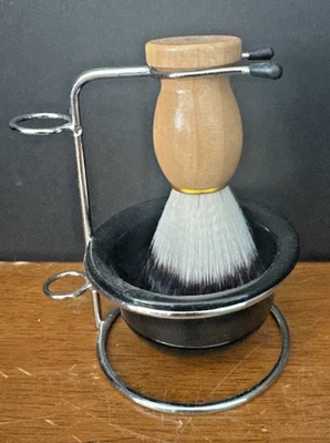 "Juego de soporte y cuenco para cepillo de afeitar para hombre mango de madera cerdas sintéticas 5,5""" Foto 1 de 3