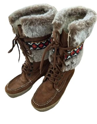 Carvela Tan Suede Moccasin Lace Up Boot Size 36/Women’s 5.5 Aztec Faux Fur - Image 1 of 4