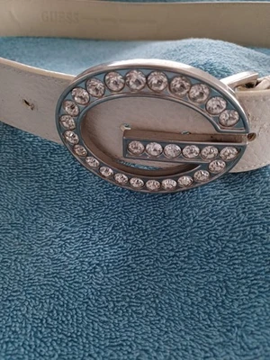 Guess Mujer BLANCO Cinturón Cuero Estrás Logo G Plateado Metal Hebilla Talla Med  Foto 1 de 4