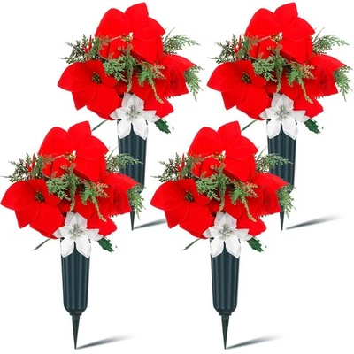 Juego de 4 flores artificiales de cementerio de Navidad decoración de tumbas al aire libre juego de pasillos... Foto 1 de 4