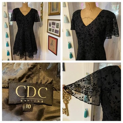 Vestido De Colección Años 90 CCD Noche Negro Terciopelo Burnout Manga Acampanada 10 Y2K Cachicho Foto 1 de 4