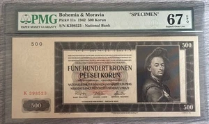 1942- Bohemia And Moravia- 500 Korun- Pick# 11s- PMG 67EPQ- Specimen-Top Pop 2/0 - Picture 1 of 4