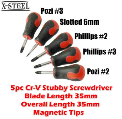 5pc Cr-V Stubby Screwdriver 35mm Length Magnetic Tip Individual: Ph2,3,Pz2,3, F6 - Image 1 of 4