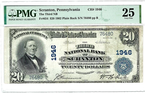 PMG 25! Series 1902 Large $20 THIRD NATIONAL BANK OF SCRANTON, PENNSYLVANIA NOTE Cover