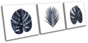 Navy Tropical Monstera Palm Leaf Floral TREBLE CANVAS WALL ART Picture Print - Picture 1 of 1