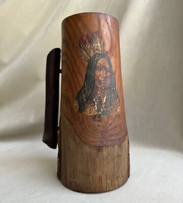 Antique Carved Wooden Stein Mug Indigenous American Native Painted Tankard Vtg - Image 1 of 4