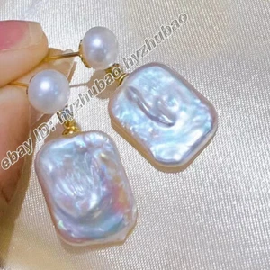 Natürliche 7-8mm/15x20mm Weiß Keshi Barock Rechteck Perle Gold Ohrstecker AAA - Bild 1 von 4