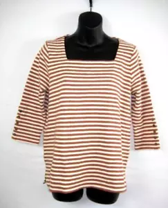 J. Jill Womens Square Neck Stripe Top Gold Cream Small Petite 3/4 Sleeve Cotton - Picture 1 of 6