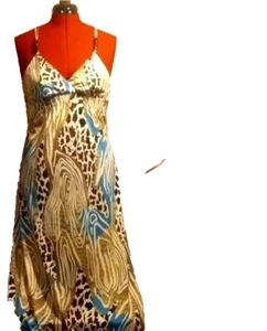 Vintage ALYN PAIGE New York Blue Animal Print Wood Beaded Strapy Maxi Dress Sz M - Picture 1 of 10