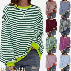 Women Striped Long Sleeve Sweatshirt Jacket Round Neck Clashing Colours Loose US - Picture 1 of 18